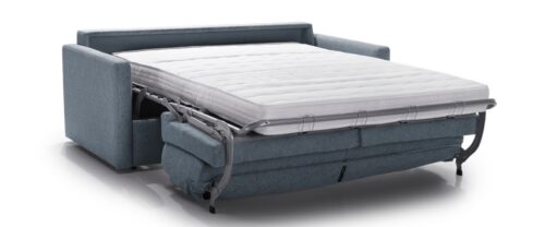 A blue sofa bed on a white background, fully extended with the backrest cushions folded under the mattress.