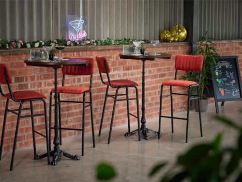 Texas bar chairs in Tabasco Solid round on Bistro Poseur height bases 2
