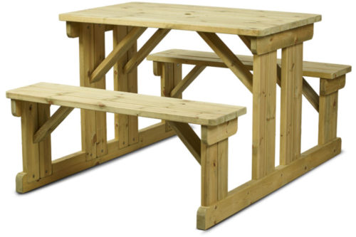 Wooden 6-seater picnic table with attached benches, made from light-colored timber with a sturdy A-frame design