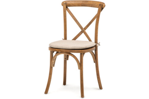 wooden crossback side chair in an oak finish with grey seat pad.