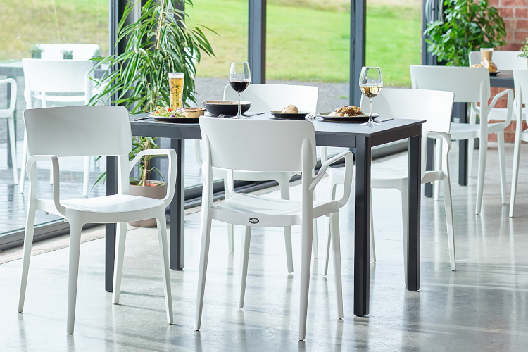 Isla White Armchairs with Seattle Rectangle Tables and compact laminate 1LRCT