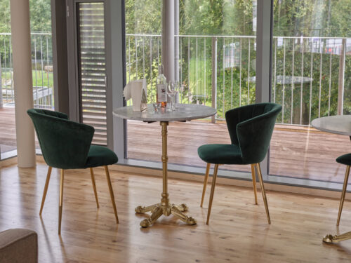 Solid Marble Round Top on a Chateau Base powdercoated gold 2 mid