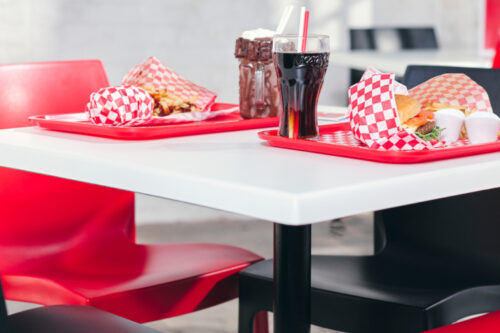 Stratus Chair with Unite Flip Top Dining Base and 800 Square White Werzalit Table Top long LRCT