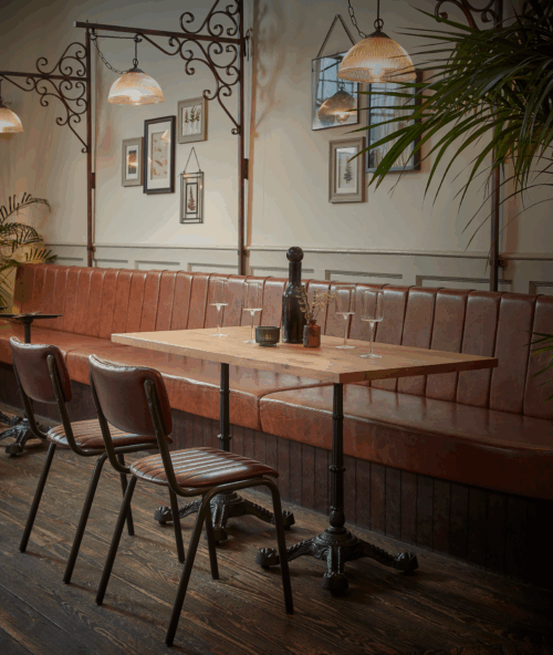 fancy coffee shop or restaurant with dark mahogany wood table