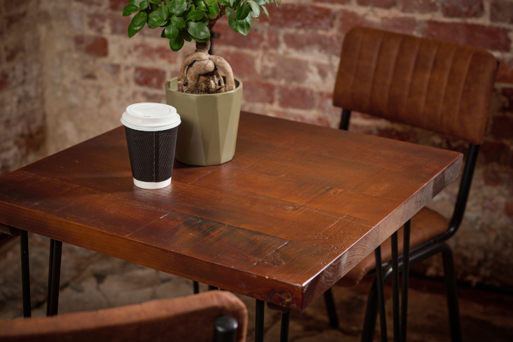 rustic solid wooden top with two bar stools