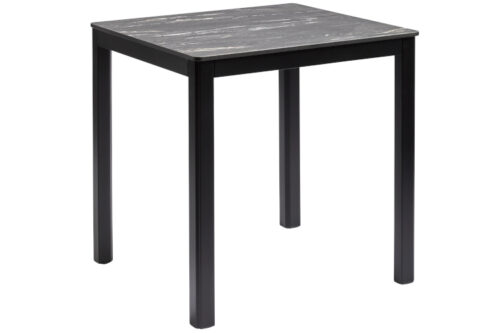 black-marble high pressure table top on black four legged outdoor table