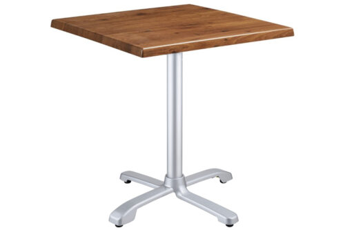 square dark oak effect werzalit table top on a chromed aluminium folding dining base, with integral self levelling feet