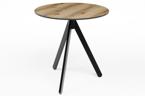 Fly folding dining table with black legs and an oak effect HPL table top on a white background.