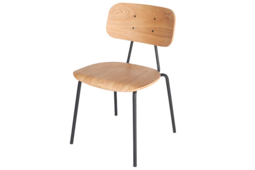 Strike side chair clear lacquered wood with black metal frame, front view