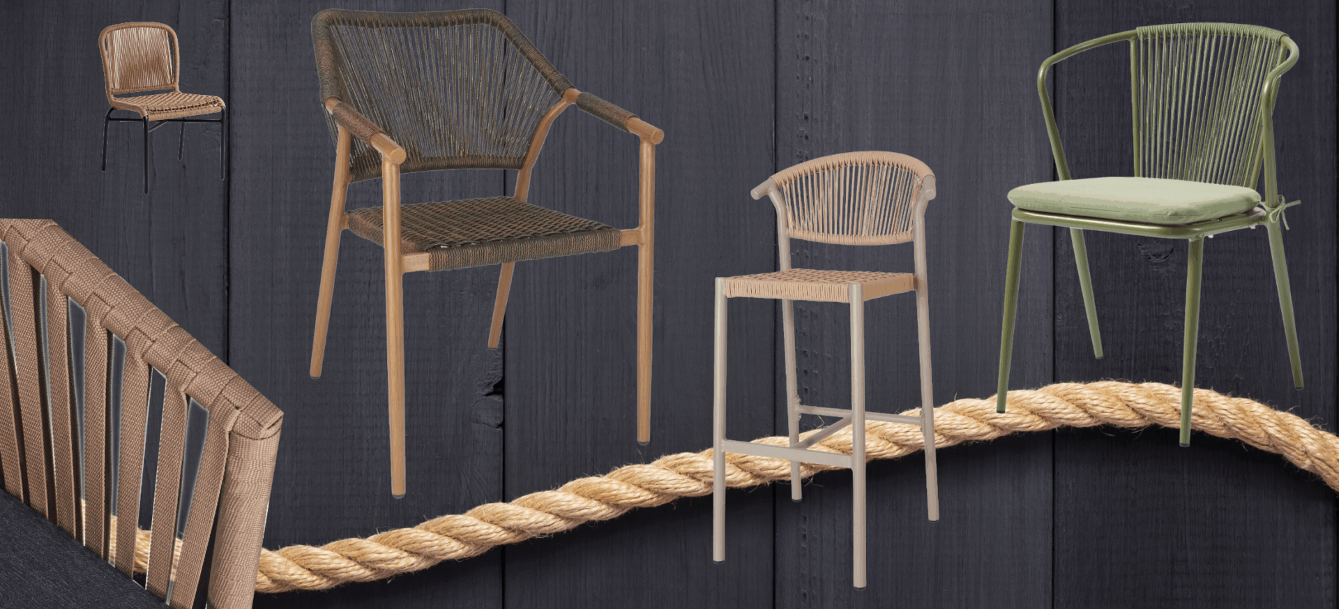 various rope effect outdoor chairs and stools on a wooden plank backround.