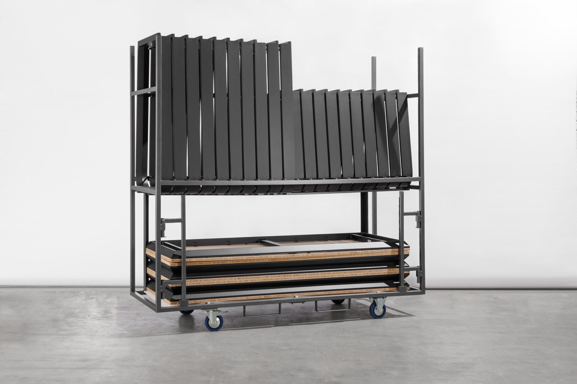 Salt table storage trolley, with table tops and table legs stacked and stored.