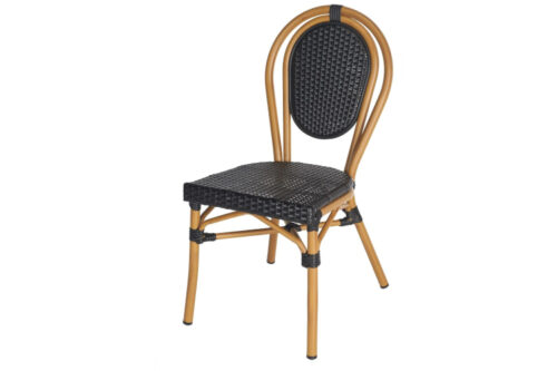 Grove Parisian-style side chair, black wicker with aluminium bamboo effect frame on a white background.