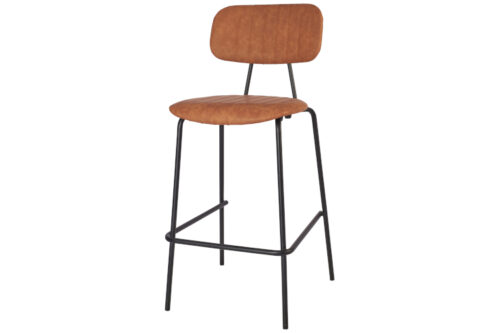 Strike bar stool in brown faux leather with black metal frame, angled view