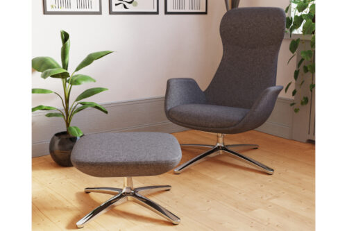 Anthony armchair and footstool with a chrome 4 star base and upholstered in grey cashmere fabric, in a house.