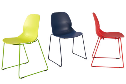 Three Bank side chairs with matching frame, on a white background, in different angles.