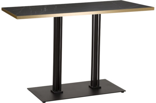 Forli cast iron rectangle table base, twin column, with laminate table top in black marble with gold edge, on a white background.