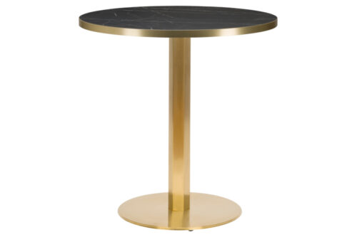 Brass hexagonal table base, with round black marble laminate top, on a white background.