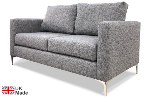 Auvergne Two Seater Sofa in grey fabric, with chrome legs, on a white background.