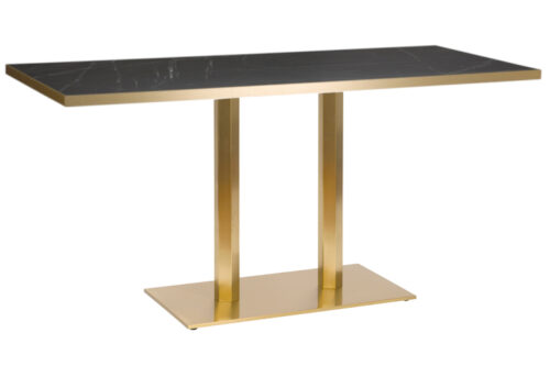 Centro hexagonal dining table, rectangle twin base, with black marble table top and gold edge, on a white background.