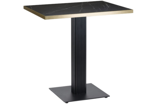 Lugo black cast iron reeded dining table with black marble table top, on a white background.