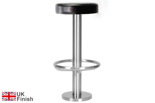 Stainless steel floor fixed bar stool, with foot ring and black faux leather seat pad, on a white background.