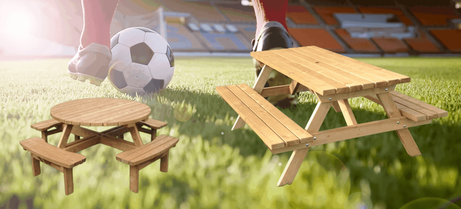 two picnic tables in the foreground, with a football player in the background, for the world cup.