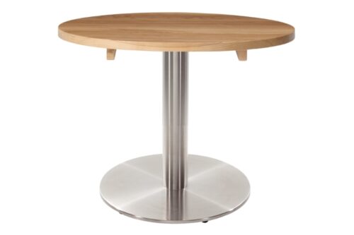 Round, single pedestal, stainless steel dining table base with a Round solid wooden table top, in a walnut finish, on a white background.