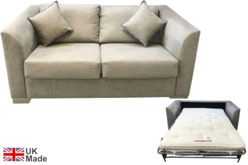 Nora Sofa Bed on a white background, showing folded out completely and completely folded away side by side.