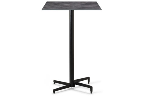 Unite square folding poseur table, black base, grey marble high pressure laminate table top, on a white background.
