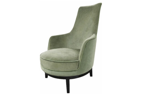 Ranch armchair with high backrest, show in a green velvet, on a white background.