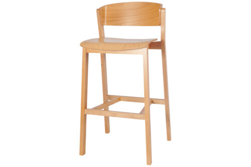 Latte bar stool, oak wood stain, front angled view, on a white background.