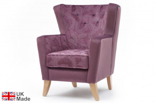 Mid-back armchair in purple, with oak legs, on a white background.