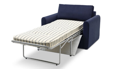 Blue velvet single sofa bed, on a white background, with a striped mattress fully extended.