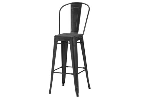 French bistro bar stool in black with tall backrest, on a white background.